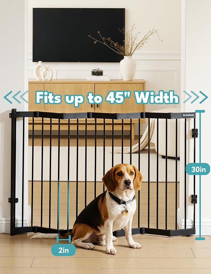 No Pawblems Retractable Safty Gate, 45" Wide Metal Adjustable Dog Gate for Doorways, Stairs & Hallways, 30" Tall, Auto Retract Design, No Bottom Bar, Black