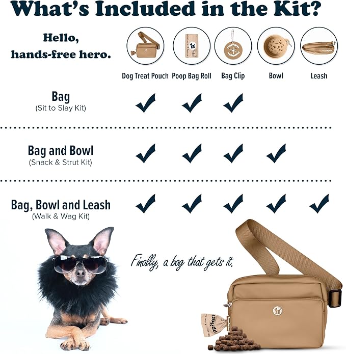 Puppington 3-in-1 Crossbody Dog Walking Bag & Dog Treat Pouch for Pet Training - Matching Compostable Poop Bags, Built-In Poop Bag Dispenser & Slow-Feeding Travel Bowl (Latte Beige)