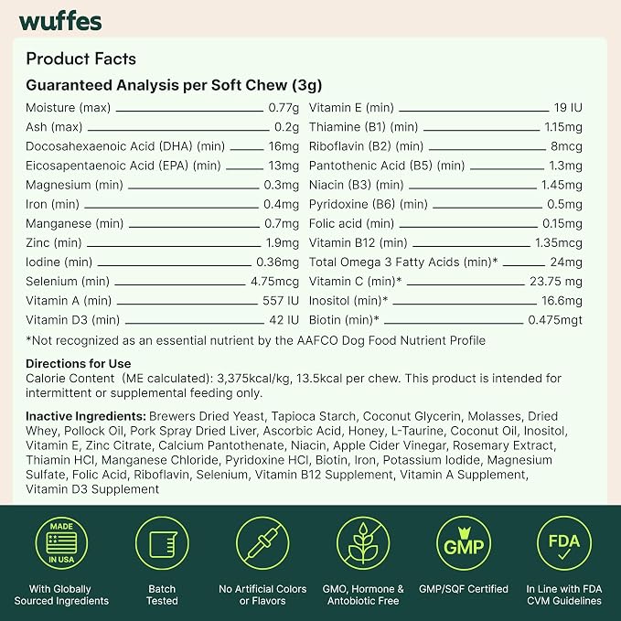 Wuffes 23-in-1 Dog Multivitamin Soft Chews Skin & Coat, Immune + Gut Health Support - Vitamins & Minerals with Omega-3, Iron & Zinc for Puppies & Senior Dogs, 30 Ct