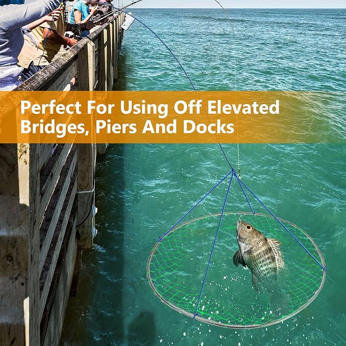QualyQualy Large Bridge and Pier Fishing Net 32''/39'' Hoop, Foldable Drop Net Pier Fishing for Saltwater with Rope, Landing Net with Nylon Mesh, Collapsible Soft Steel Ring