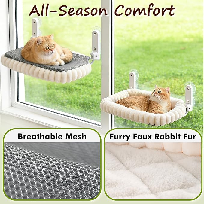 Zoratoo 2PC Cat Window Perch with Bolster Foldable Cat Hammock Cushion Bed for Window with Metal Frame, Cloud-Cuddle Cordless Window Resting Seat for Indoor Cats (Cushion Bed, White-M)