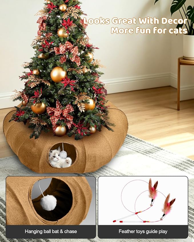 Odoland Cat Tunnels Bed for Indoor Cat with Interactive Cat Toys, Cat Tube with Washable Cushion for Small Large Cats, Round Pet Peekaboo Cave for Kitten, Adult Cats and Rabbit
