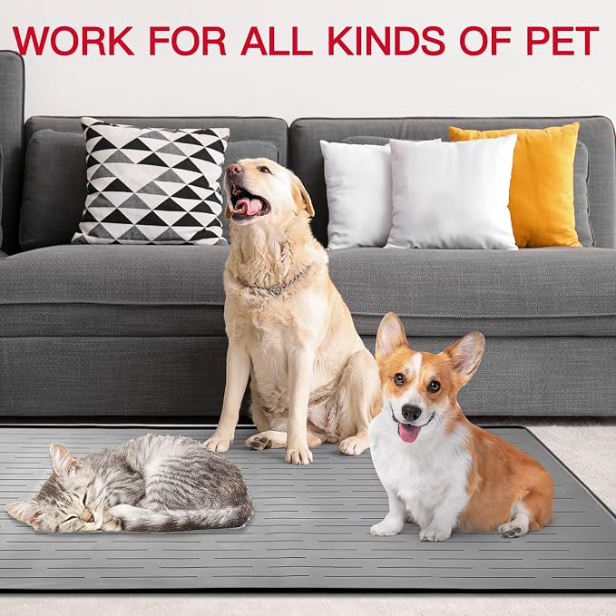48" x 32" XXXL Largest Pet Food Mat, Silicone Dog Mats for Food and Water, Nonslip Pet Feeding Mats for Floors,Dog Cat Bowl Mat with Raised Edges, Light Gray