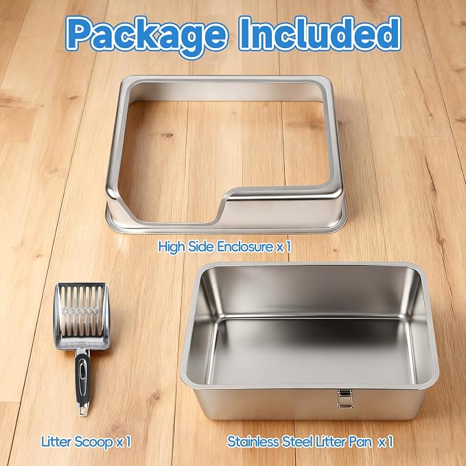 Stainless Steel Cat Litter Box, 23.6" L x 15.7" W x 11.8" H XXL Extra Large Semi Enclosed Removable Metal Litter Tray with High Sided Enclosure, Scoop, Non-Sticky, Easy Cleaning