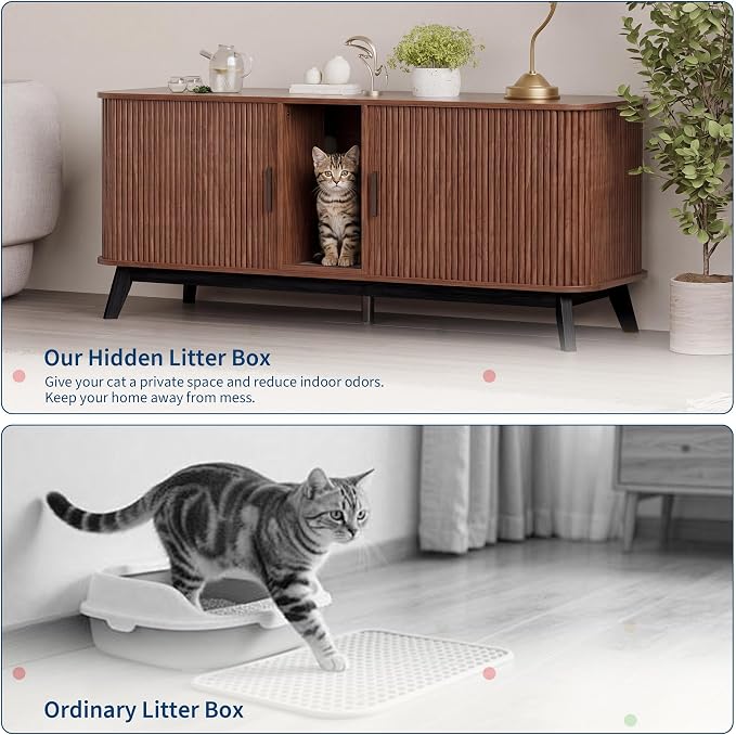 Garvee Cat Litter Box Enclosure for 2 Cats, 59" Hidden Litter Boxes Furniture with Sliding Door and Cat Litter Mat, Large Indoor Pet House, Wooden TV Stand Side Table, Walnut