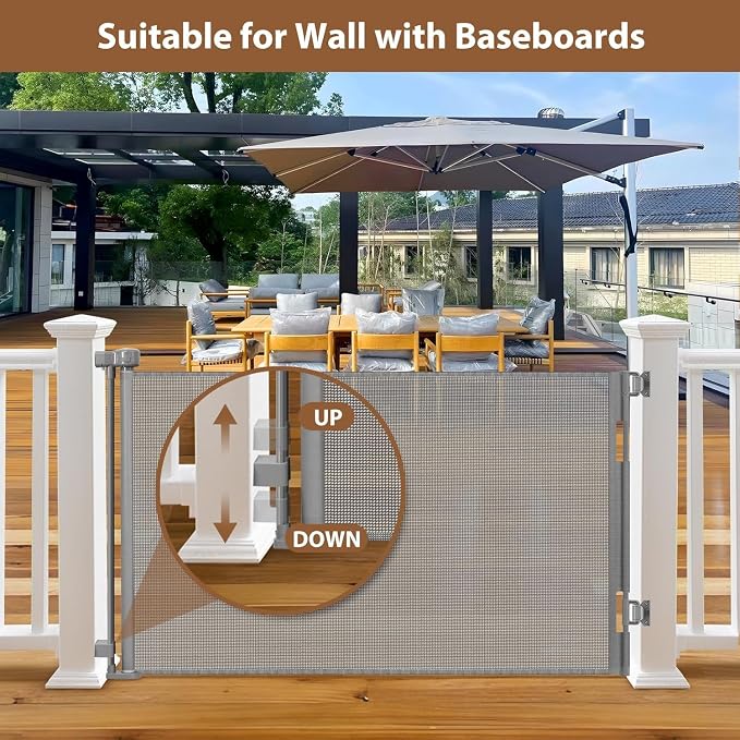 100" Wide Weatherproof Outdoor Retractable Dog Gate with No Rust Screws and Rods, Waterproof 8 Ft Retractable Baby Gates Extra Wide, Scratch-Resistant Mesh Long Baby Gates Indoor Extra Long, Gray