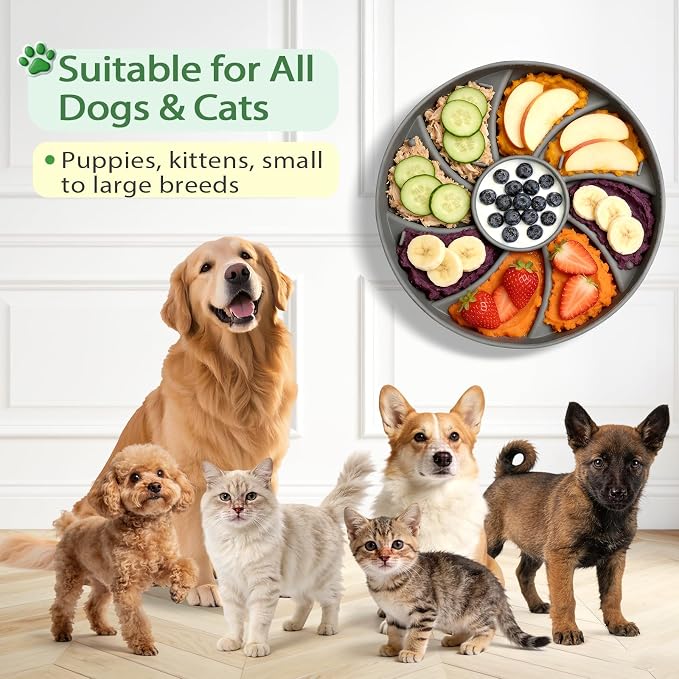 Silicone Dog & Cat Slow Feeder Bowl Lick Mat with Strong Suction Cups, Anti-Spill Design, Multi-Textured, Extend Mealtime, Reduce Anxiety, Dishwasher Safe, All Breeds & Ages (Grey)