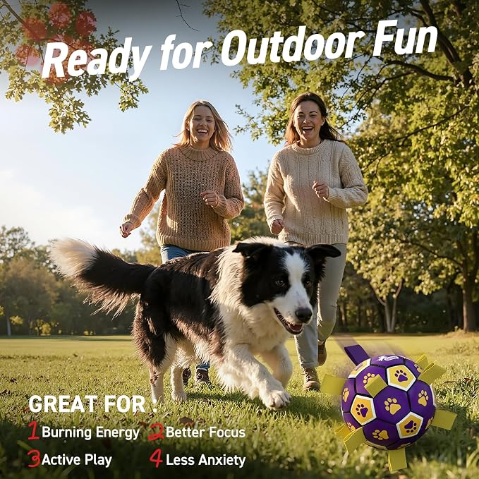 QDAN Dog Ropes Toys, Soccer Ball with Straps, Interactive Dog Toys for Tug of War, Dog Water Toy, Durable Balls for Medium Large Dogs(8 Inch)