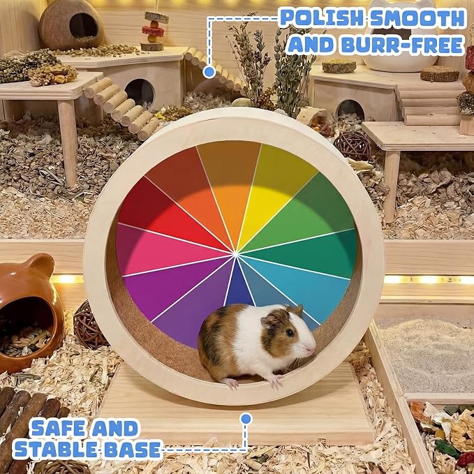 Geelin 12 Inch Hamster Wooden Silent Wheel, Rainbow Printed Small Animal Exercise Wheel, Quiet Spinner Hamster Running Wheels Toys for Hamsters, Gerbils, Mice and Other Small Pets