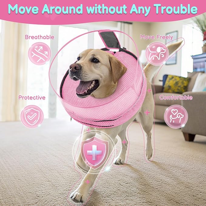 Soft Inflatable Dog Cone for Surgery Recovery, Protective Dog Donut Collar with Shield to Stop Licking Wounds, 2-in-1 Patented Comfort Blow-Up Collar for Small and Medium Pets (Pink, M+)