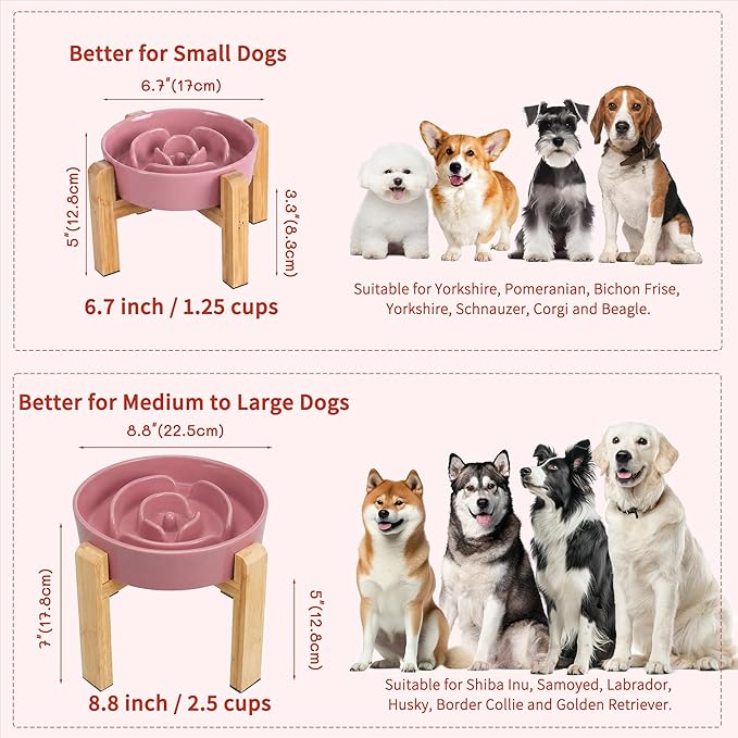 Elevated Slow Feeder Dog Bowl Large Breed, 8.8 Inch Ceramic Slow Eating Bowl with Bamboo Stand, Anti-Choking Raised Maze Design for Medium to Large Dogs, 3.2 Cup, Pink