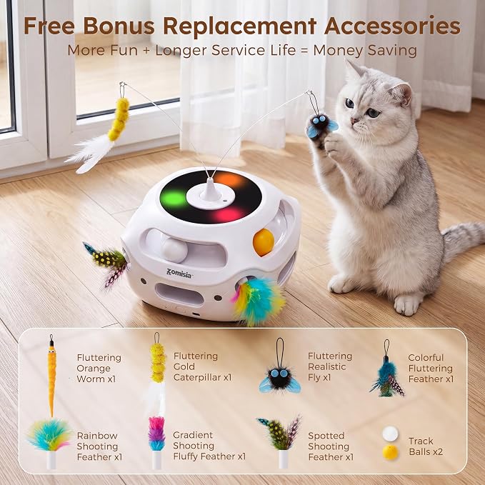 ZOMISIA 4 in 1 Automatic Interactive Cat Toy, Rechargeable Cat Toys for Indoor Cats with Fluttering Teasing Sticks, Trackballs, Shooting Feathers and Bird Chirping for Bored Indoor Adult Cats
