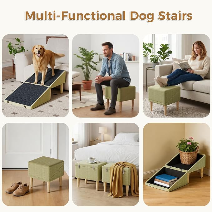 3-in-1 Dog Ramp Pet Stairs 18.9"x17.72"x19.29" with Hidden Storage Ottoman, Anti-Slip Steps for Small, Medium, Large, Senior & Injured Pets, 220LBS for Bed & Sofa, Green