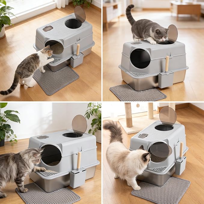 Stainless Steel Litter Box with Lid, XL Extra Large Cat Litter Box for Big Cats, Front & Top Entry Metal Cat Box with Scoop and Mat, Odor-Free, Anti-Urine Leakage, Non-Sticky, Easy Cleaning