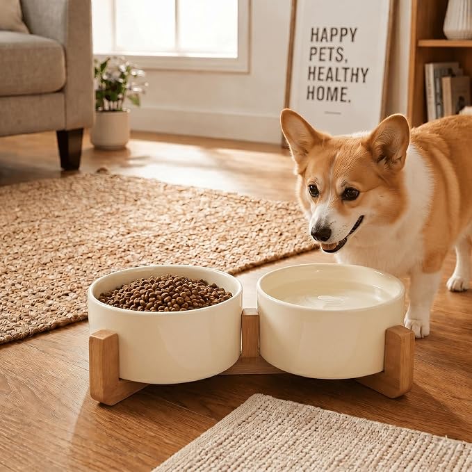 SPUNKYJUNKY Ceramic Dog and Cat Bowl Set with Wooden Stand, Modern Cute Weighted Food Water Set for Small Size Dogs (13.5OZ) & Medium Sized Dogs (28.7OZ) & Cats (3.6 Cups, 2 × Beige)