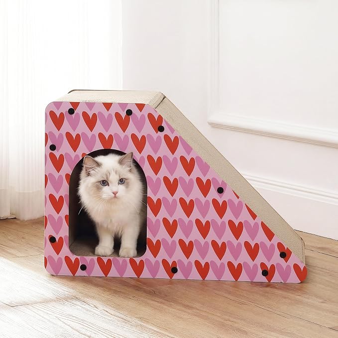Kento 23.63" Modern Cardboard Cat Cave Scratcher with Catnip, Angled Trapezoid Hideaway House and Scratching Lounge for Indoor Cats, Heart Pattern CSR1008C