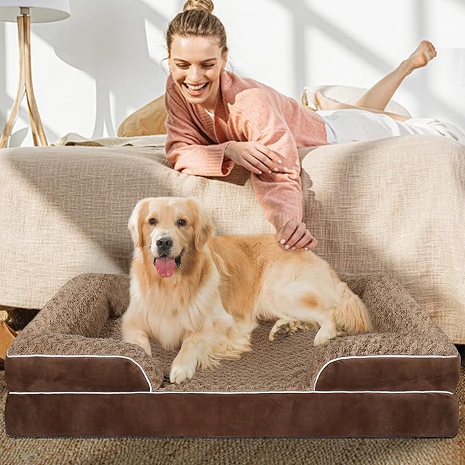 Orthopedic Dog Bed for Large Medium Sized, Washable Memory Foam Large Dog Bed, Medium Pet Sofa with Removable Cover, Washable Waterproof Pet Couch Beds(Brown, M)