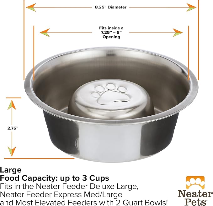 Neater Pets Stainless Steel Slow Feed Bowl with Neater Mat Waterproof Silicone Bowl Mat