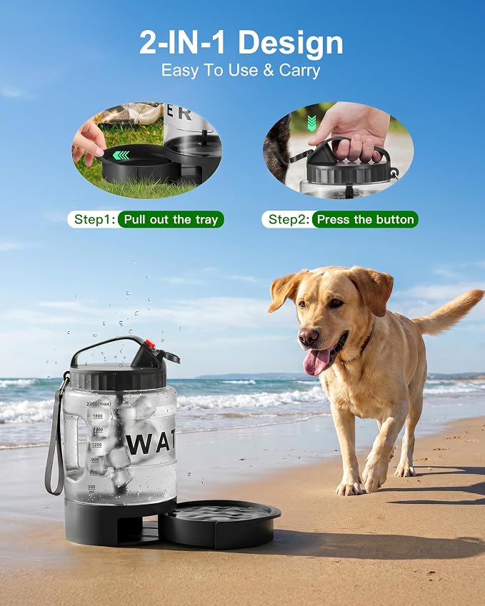 2 Pack Color Black Dog Water Dispenser, Camping Essentials, Large Travel Bottle with Pull-Out Drinking Bowl, Portable Beach Accessories, Car Water Container for Dogs, BPA Free,77 & 54 OZ