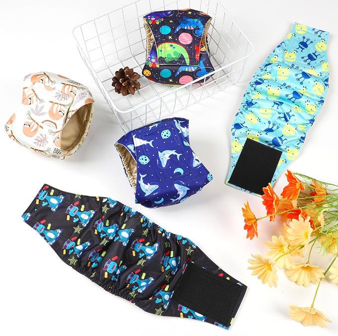 5 Pack Dog Diapers Male Reusable, Premium Belly Bands for Male Dogs, High Absorbing Male Dog Pee Wraps for Doggie in Incontinence or Excitable Urination and Training, Dino M