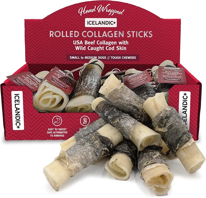 Icelandic+ Rolled Collagen Stick: Beef & Cod Skin - 4" Dog Crew Treat, Hand-Wrapped Fish, 2 Ingredient Pet Snacks, Dental Health, Rawhide Alternative