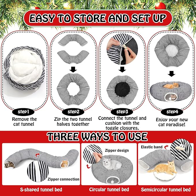Soulchen Black and White Cat Tunnel Bed Under Christmas Tree 3ft x 3ft x 9.8in Detachable Donut Tunnel Sandworm 3-in-1 Indoor Cats Cave for Kitty Rabbit Ferret Puppy(Striped Black)