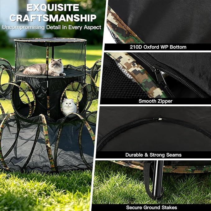 CypherX 13-in-1 Extra Large Catio Outdoor Cat Enclosure, 2-Tier Pop Up Cat Tents with Tunnels for Large Cats, Pet Tower Playpen House, Heavy Duty Outside Mesh Playground for Multiple Pets, Camo