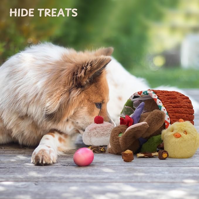 Nocciola Basket Dog Toys - Durable Stuffed Plush Bunny Dog Squeaky Toys for Small, Medium and Large Breeds, Easter Basket with Egg & Rabbit & Chick & Cake Puppy Toy