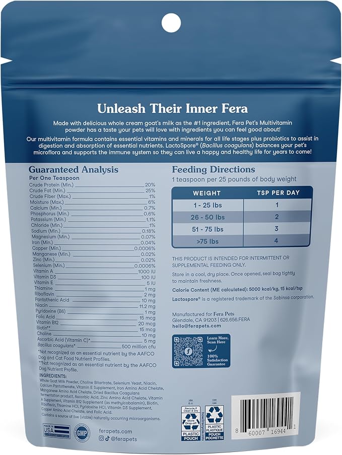 Fera Pets Goat Milk Topper - Multivitamin for Dogs & Cats with Probiotics - Supports Overall Health, Gut Health, and Immune System - for Picky Eaters - 60 TSP