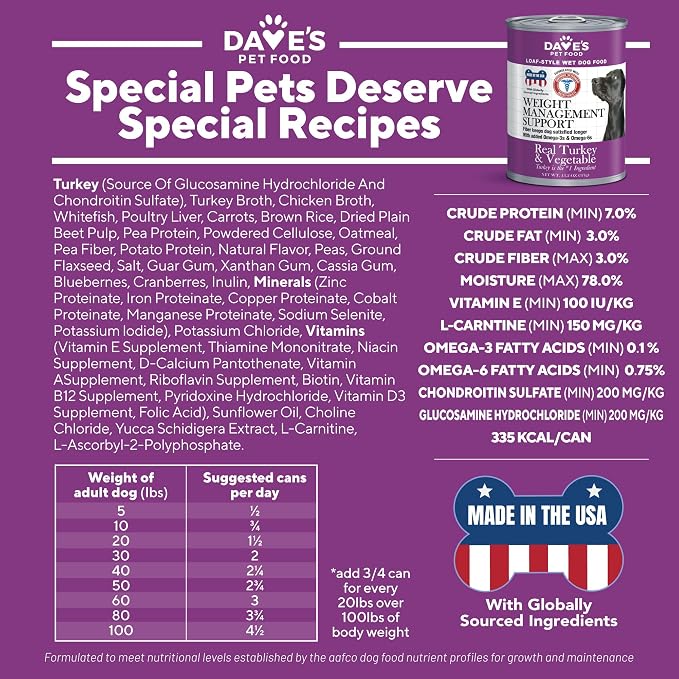 Dave's Pet Food Weight Management Dog Food (Turkey & Vegetables), Made in USA, Weight Loss, Soft, Canned Wet, 13.2oz (12 Pack)