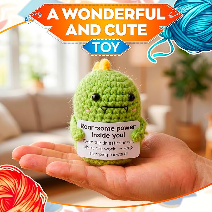 Reluen Crochet Dinosaur, Roar-Some Power Inside Handmade Mini Dinosaur Crochet Animal with Inspirational Affirmation Card, Dinosaur Desk Accessories Gift for Women Men Adults Mom Daughter Coworker