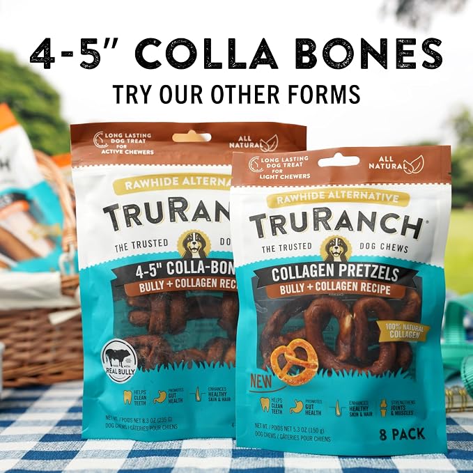 TRURANCH 4-5" Collagen Bones, Bully - Collagen Dog Bones - Long Lasting Healthy Joint Support Dog Treat - Rawhide Alternative - Skin & Coat Health, 1 Bag, 4 Count