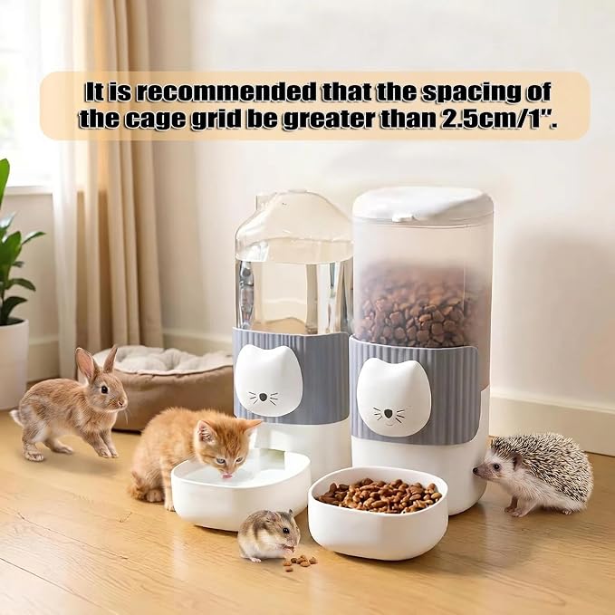 Hanging Automatic Food and Water Dispenser for Rabbit, Guinea Pig, Ferret, Bunny Cage Accessories, Feeder Bottle Combo (Grey)