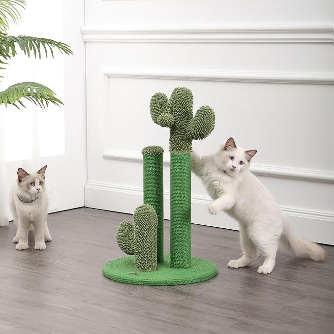 25.25" Modern Jute Triple-Cactus Cat Scratching Post Green | Toy Included, Plush Fabric, Scratchable Surface