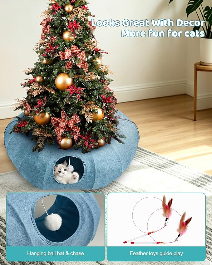 Odoland Linen Cat Tunnels with Central Cat Bed, Interactive Cat Toys Detachable Washable Soft Mat Large Indoor Play Tunnel Cave for Kittens, Cats and Small Animals