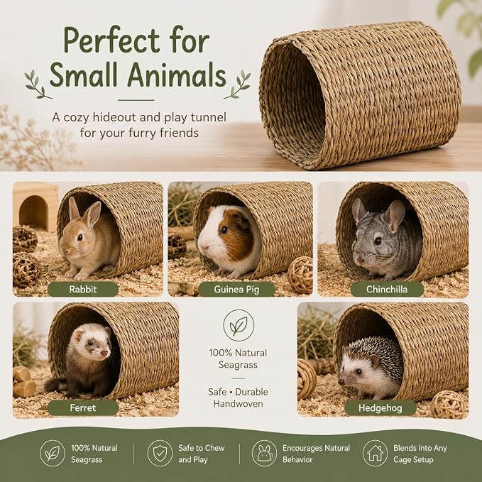 PEMAR Natural Seagrass Bunny Tunnel - Handwoven Rabbit Hideaway & Edible Grass House - Safe Chew Toy, Bed for Guinea Pigs, Chinchillas, Rats & Indoor Bunnies - Small Animal Enrichment (9x8.3x6.3”)