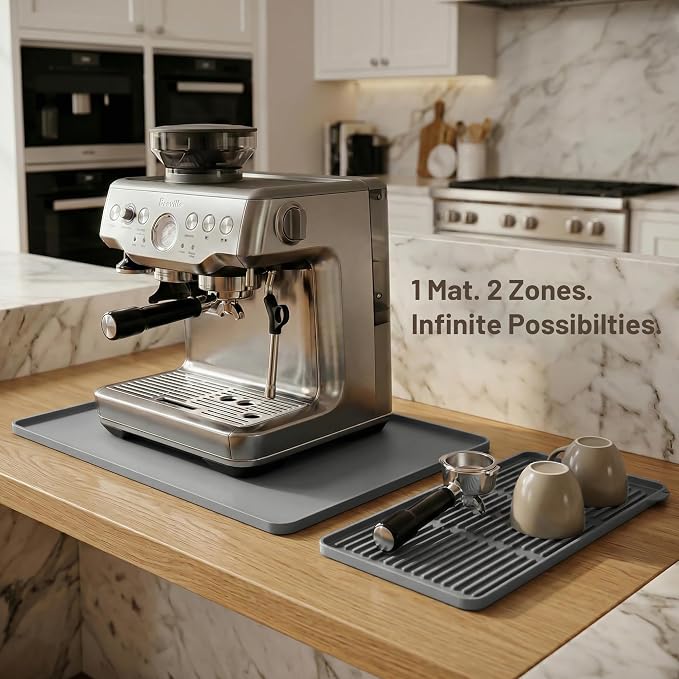 Silicone Coffee Mat for Countertop, 24x16 inch Heat Resistant Espresso Machine Mat, Non-Slip Coffee Bar Mat with Detachable Drying Area and Raised Edge, Waterproof Station Pad - Grey