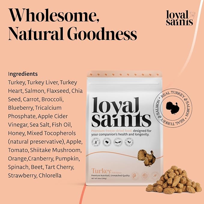 Human Grade Freeze Dried Raw Dog Food, Cage-Free Turkey & Salmon, Made in USA with USDA Organic Produce, High Protein, Grain Free, Complete Meal or Topper for All Breeds, 5 oz