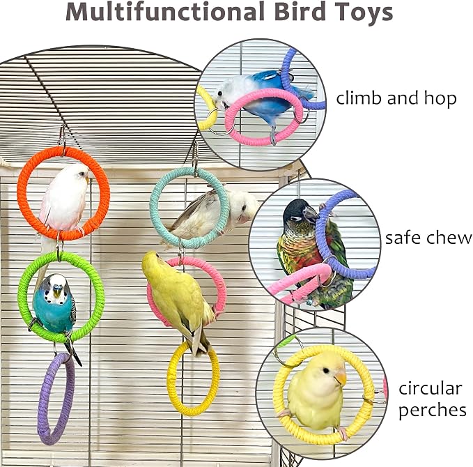2PCS Natural Wood Bird Spinner Toys & 6-Ring Swing Set - Chewing Hanging Toys with Bells & Cotton Rope Swing for Cockatiel, Conure, Lovebird, Budgie, Quaker