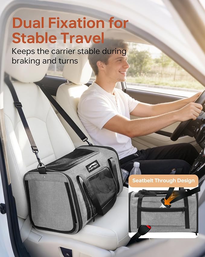 17x11x9.5 Pet Carrier Airline Approved, Cat Carrier with Litter Box, Soft Sided Cat Dog Carrier Up to 15 lbs, Breathable Travel Pet Carrier with Calming Curtain, Storage Bag & Poop Dispenser, Grey