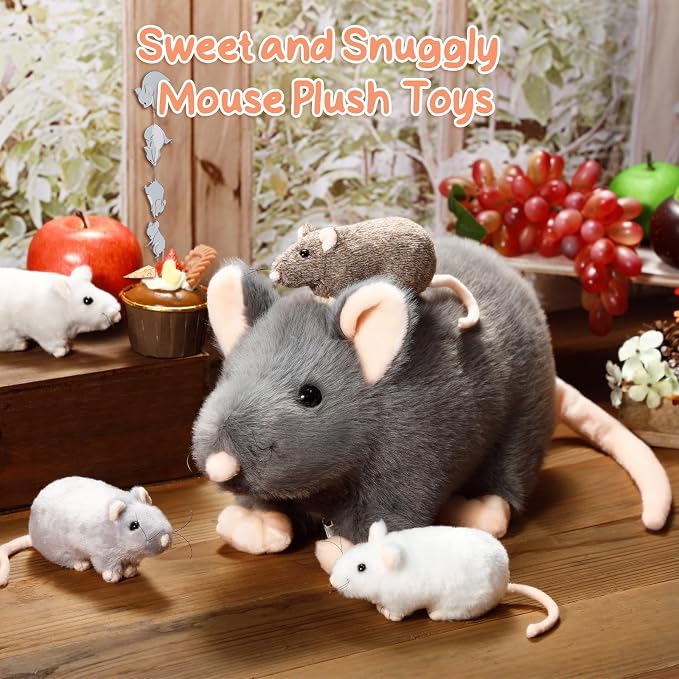 Arrowbash 5 Pcs Mouse Stuffed Animals Set - 14'' Large Mommy Rat Plush with 4 Small Mouse Babies in Zippered Tummy Stuffed Rat Plush Toys for Kids Girls Boys Valentine Birthday Gift(Cute Style)