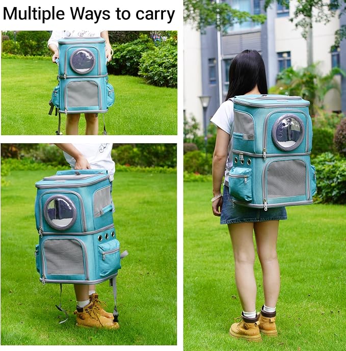 2-in-1 Pet Carrier Backpack for Two Cats or One Dog, Green Double-Layer 2 Compartment Carry Bag to Transport Small Animals Traveling and Hiking, Space Capsule Clear Bubble Dome