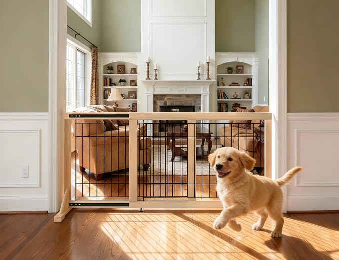 Freestanding Wooden Dog Gate for Doorways & Stairs, Adjustable Width 23.6"–45.3", Foldable No Drill Pet Gate for Small Dogs & Puppies, Indoor Dog Barrier, 19.7" Tall