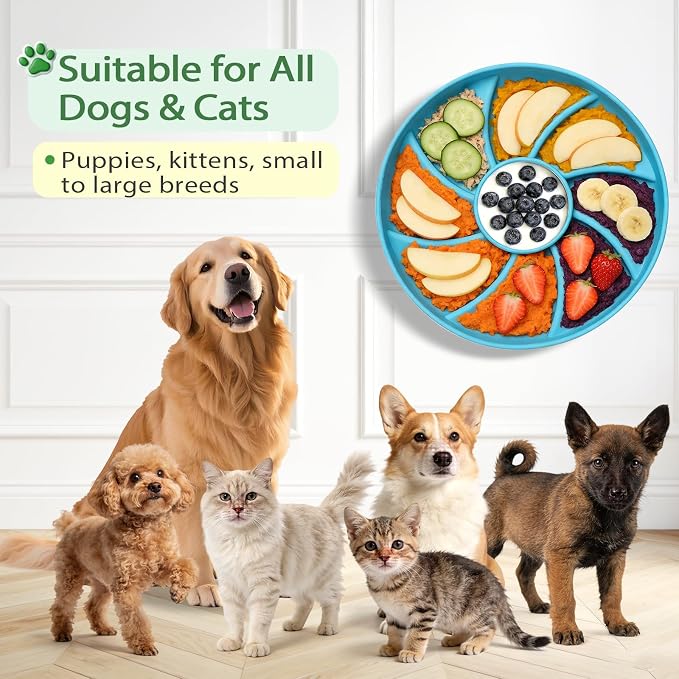 Silicone Dog & Cat Slow Feeder Bowl Lick Mat with Strong Suction Cups, Anti-Spill Design, Multi-Textured, Extend Mealtime, Reduce Anxiety, Dishwasher Safe, All Breeds & Ages (Blue)