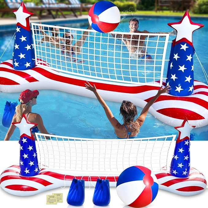 250th Anniversary American Flag Inflatable Pool Games Large Volleyball Net Pool Floats Set with 9" Beach Ball – 4th of July Floating Swimming Game Toy for Adults, Perfect for Patriotic Party Summer
