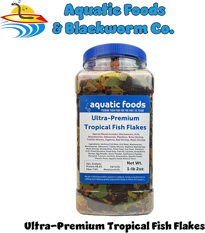 Ultra Premium Tropical Fish Flakes with Krill and Shrimp Meal, Spirulina for All Tropical Fish Also Pellet Mix, Wafer Mix Included…1-lb 2oz