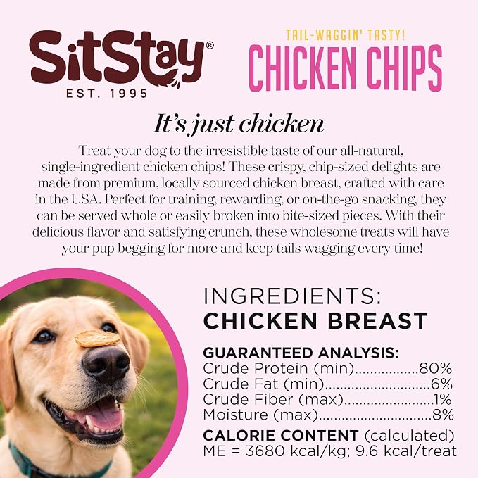 SitStay Chicken Chips Dog Treats, Chicken Chips for Dogs - Single Ingredient Dog Treats - Dehydrated, 80% Protein Low Fat - Training Rewards - All Breeds & Life Stages - Made in USA - 4 oz