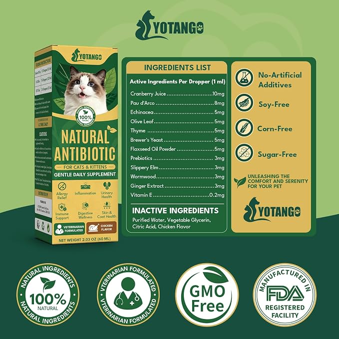 YOTANGO Natural Antibiotics for Cats, Cat Antibiotics for UTI & Itch Support, Immune, Digestive, Allergy, Skin & Coat Support for Cats and Kittens, for All Ages & Breeds (Chicken Flavor-60ml)