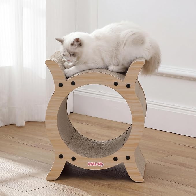Nyan 16.5" Modern Cardboard Tunnel Cat Scratcher House with Catnip, Corrugated Indoor Cat Hideaway Den, Oak Wood Pattern Scratching Surface for All Cats CSR1007I