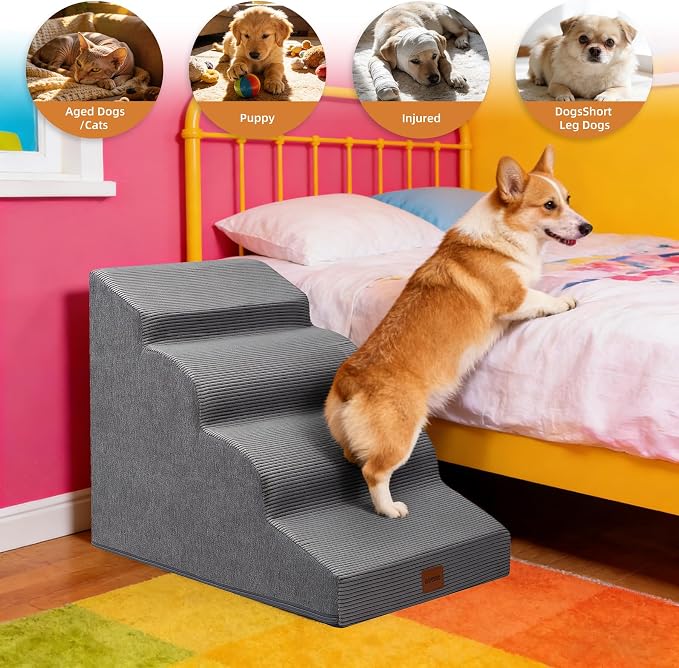 Dog Stairs for Small Dogs and Cats, 19.7" H, 4-Step Curved Pet Ramp for Beds or Couches, Non-Slip Medium Pet Steps with High Density Foam, Grey